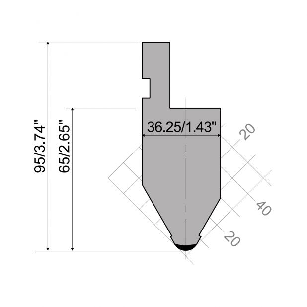 Punch R1 European type A Series with Working height=65mm, α=60°, Radius=6mm, Material=C45, Max. load=1000kN/