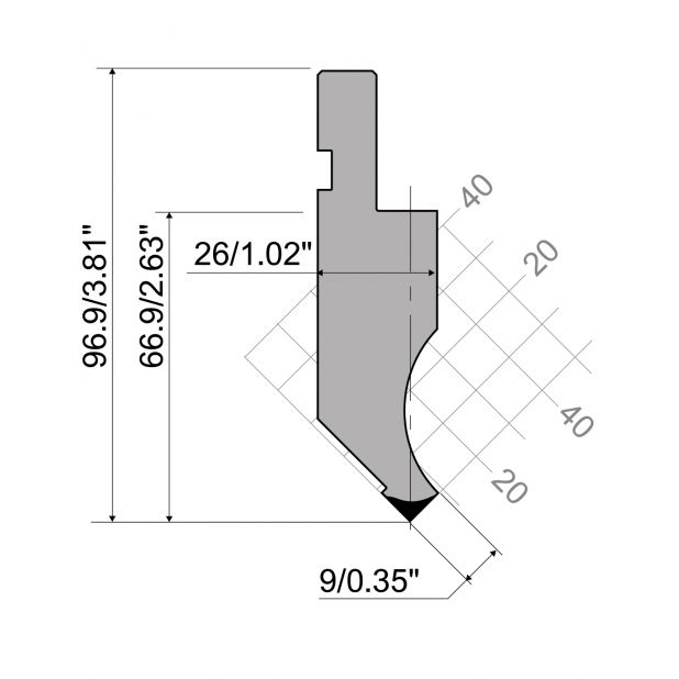 Punch R1 European type A Series with Working height=66,9mm, α=88°, Radius=0,2mm, Material=C45, Max. load=100