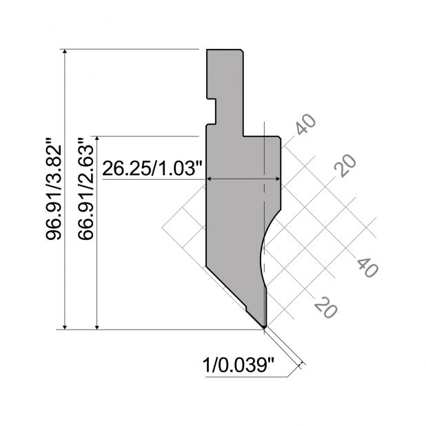 Punch R1 European type A Series with Working height=66,91mm, α=90°, Radius=0,2mm, Material=C45, Max. load=40