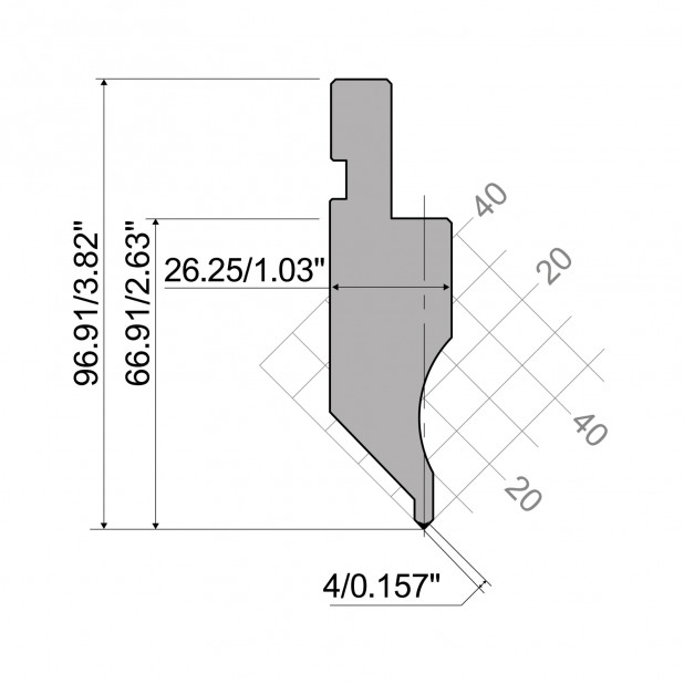 Punch R1 European type A Series with Working height=66,91mm, α=88°, Radius=0,2mm, Material=C45, Max. load=10