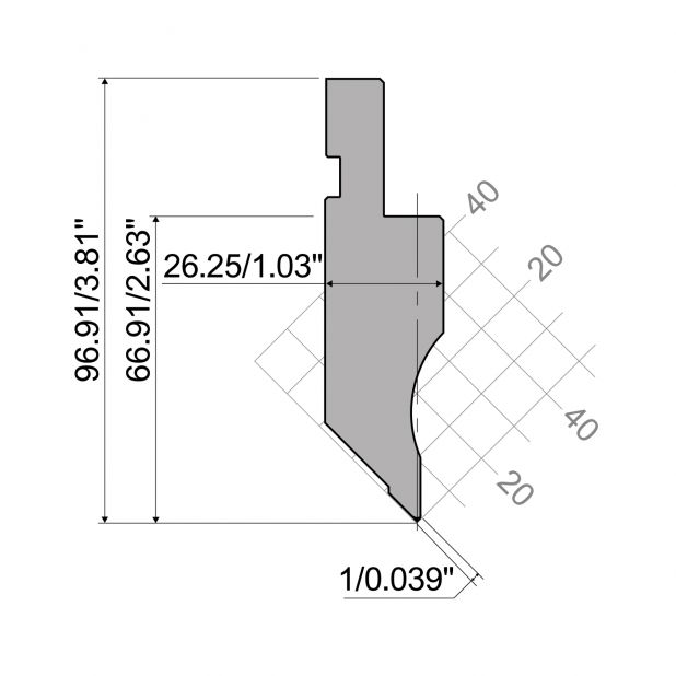 Punch R1 European type A Series with Working height=94,74mm, α=90°, Radius=0,2mm, Material=C45, Max. load=80