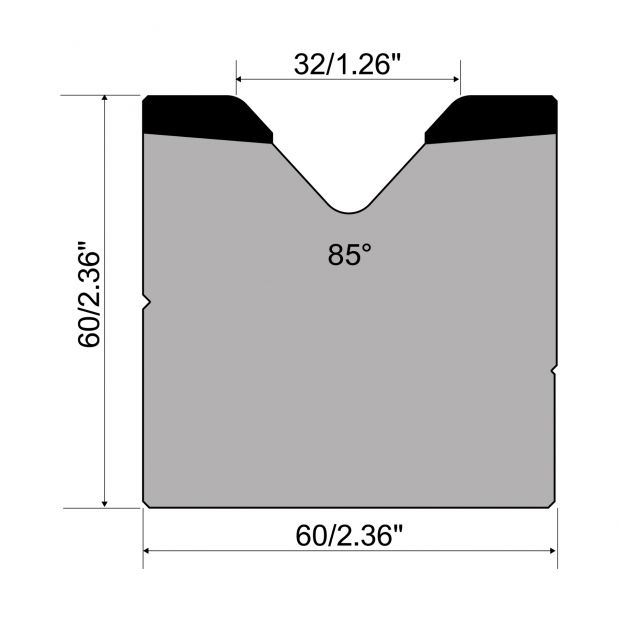 1-V die R1 European type A Series with total height=60mm, α=85°, Radius=4mm, Material=C45, Max. load=1000kN/