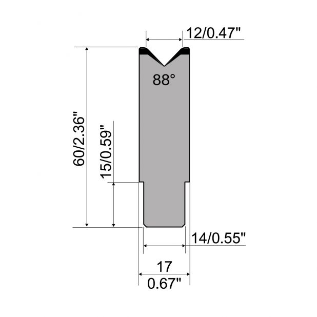 1-V die R1 European type A Series with total height=60mm, α=88°, Radius=2,5mm, Material=C45,