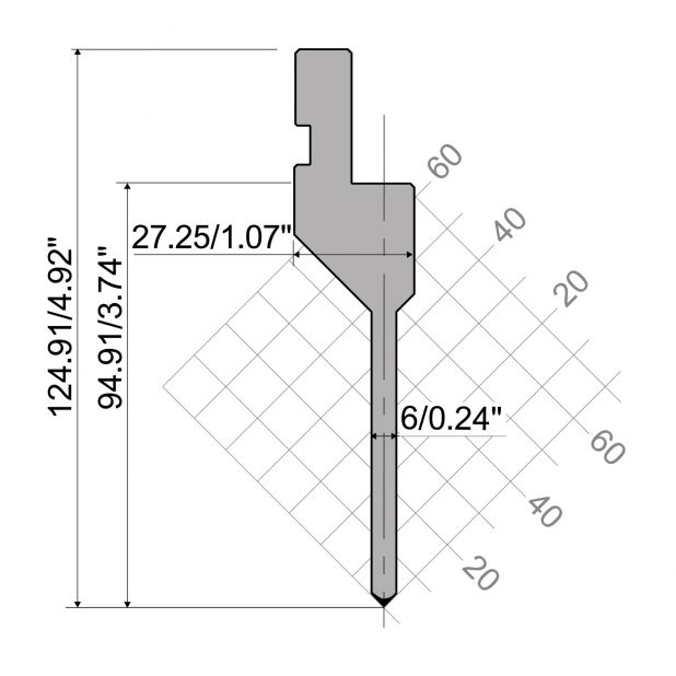 Punch R1 European type A Series with Working height=94,91mm, α=90°, Radius=0,2mm, Material=42Cr, Max. load=5