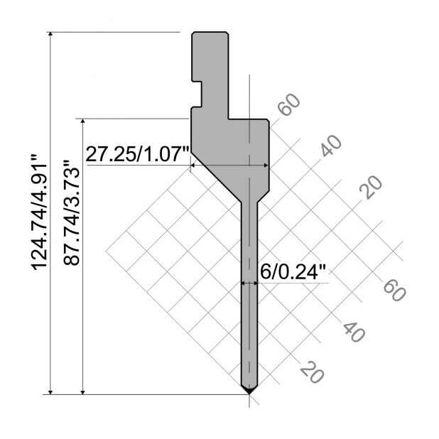 Punch R1 European type A Series with Working height=94,74mm, α=88°, Radius=0,6mm, Material=42Cr, Max. load=5