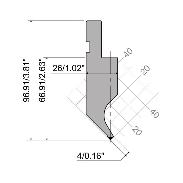 Punch R1 European type A Series with Working height=66,91mm, α=88°, Radius=0,2mm, Material=42Cr, Max. load=2