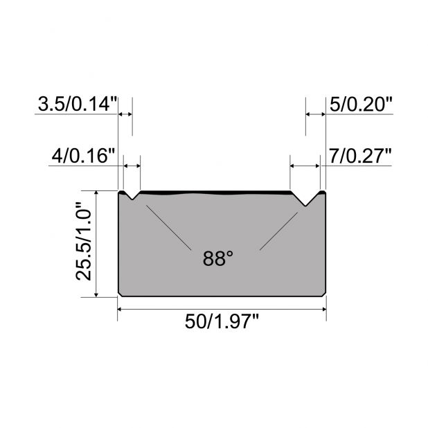 2-V die R1 European type A Series with total height=25,5mm, α=88°, Radius=0mm, Material=C45, Max. load=600kN