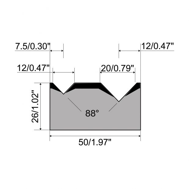 2-V die R1 European type A Series with total height=26mm, α=88°, Radius=0,5mm, Material=C45, Max. load=1000k