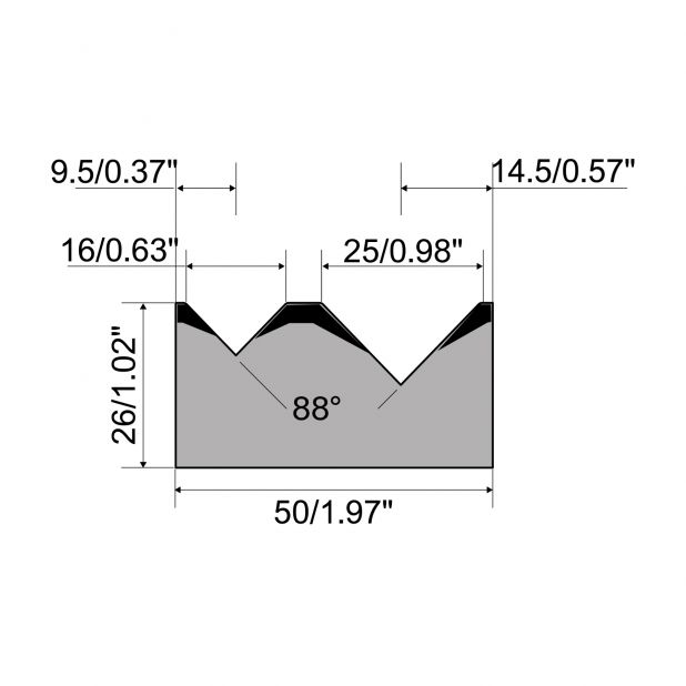 2-V die R1 European type A Series with total height=26mm, α=88°, Radius=0,8mm, Material=C45, Max. load=700kN