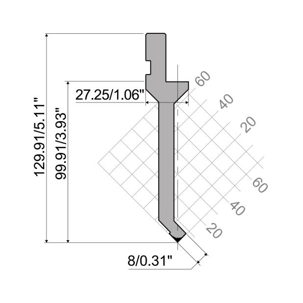 Punch R1 European type A Series with Working height=99,91mm, α=90°, Radius=0,2mm, Material=42Cr, Max. load=3