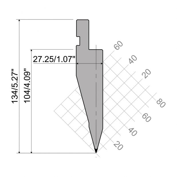 Punch R1 European type A Series with Working height=104mm, α=30°, Radius=0,65mm, Material=C45, Max. load=100