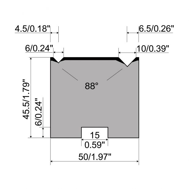 Self centering 2-V die R1 European type A Series with total height=45,5mm, α=88°, Radius=0,4mm, Material=C45