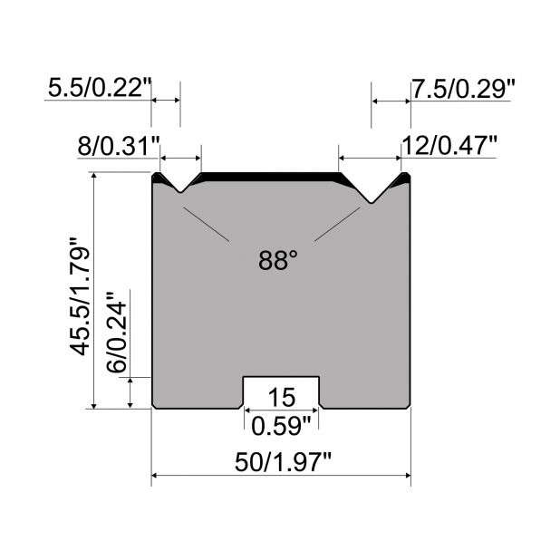 Self centering 2-V die R1 European type A Series with total height=45,5mm, α=88°, Radius=0.5/0.8mm, Material