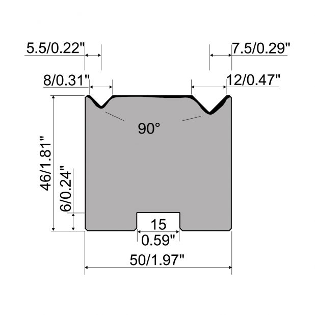 Self centering 2-V die R1 European type A Series with total height=46mm, α=90°, Radius=0.5/0.8mm, Material=C
