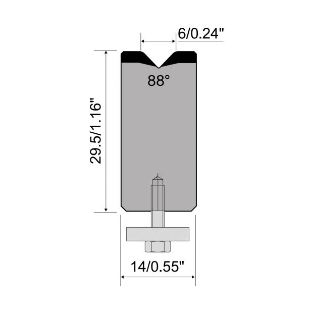 1-V die R1 European type A Series with total height=30mm, α=88°, Radius=1,5mm, Material=C45,