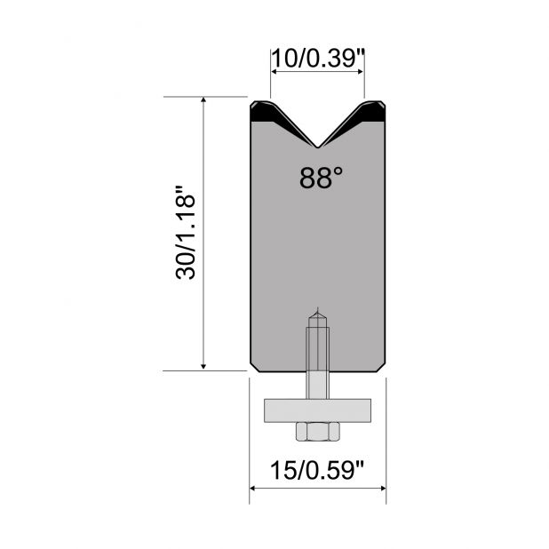 1-V die R1 European type A Series with total height=30mm, α=88°, Radius=2mm, Material=C45, Ma