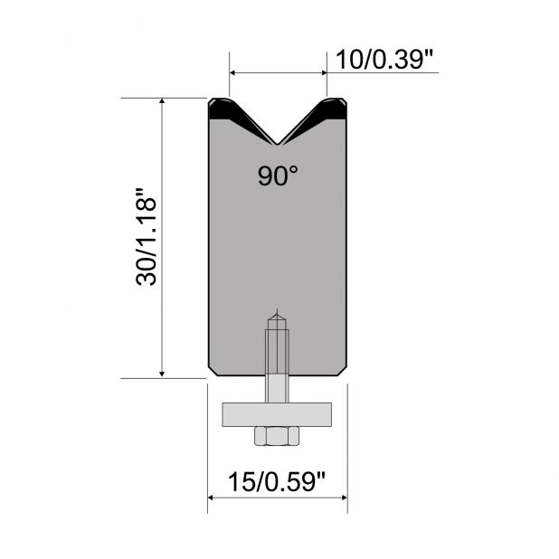 1-V die R1 European type A Series with total height=30mm, α=90°, Radius=2mm, Material=C45, Ma