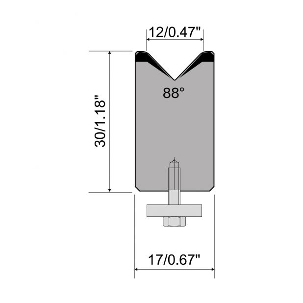 1-V die R1 European type A Series with total height=30mm, α=88°, Radius=2,5mm, Material=C45,