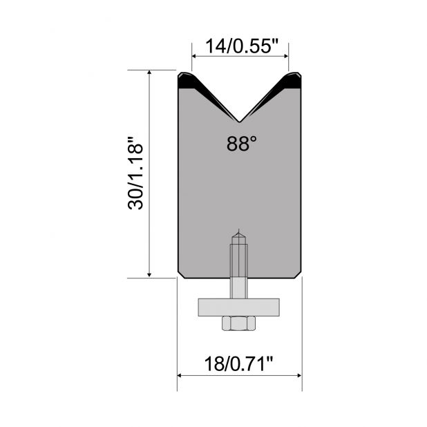 1-V die R1 European type A Series with total height=30mm, α=88°, Radius=2,5mm, Material=C45,