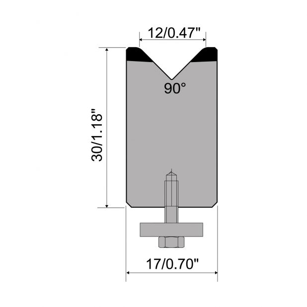 1-V die R1 European type A Series with total height=30mm, α=90°, Radius=2,5mm, Material=C45,