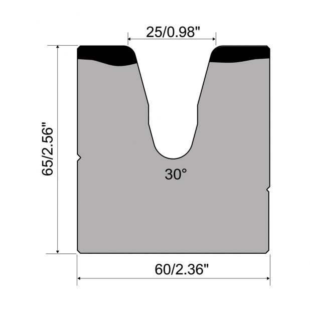 1-V die R1 European type A Series with total height=65mm, α=30°, Radius=4mm, Material=C45, Max. load=600kN/m