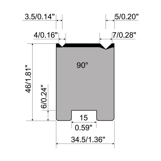 Self centering 2-V die R1 European type with height=46mm, α=90°, Radius=0.3/0.5mm, Material=C45, Max. load=8