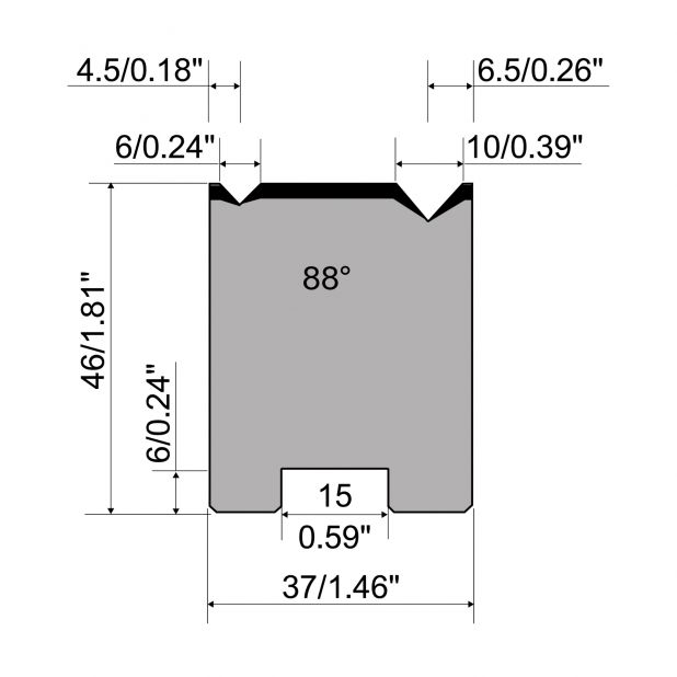 Self centering 2-V die R1 European type with height=46mm, α=88°, Radius=0.4/0.6mm, Material=C45, Max. load=8