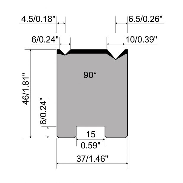 Self centering 2-V die R1 European type with height=46mm, α=90°, Radius=0.4/0.6mm, Material=C45, Max. load=8