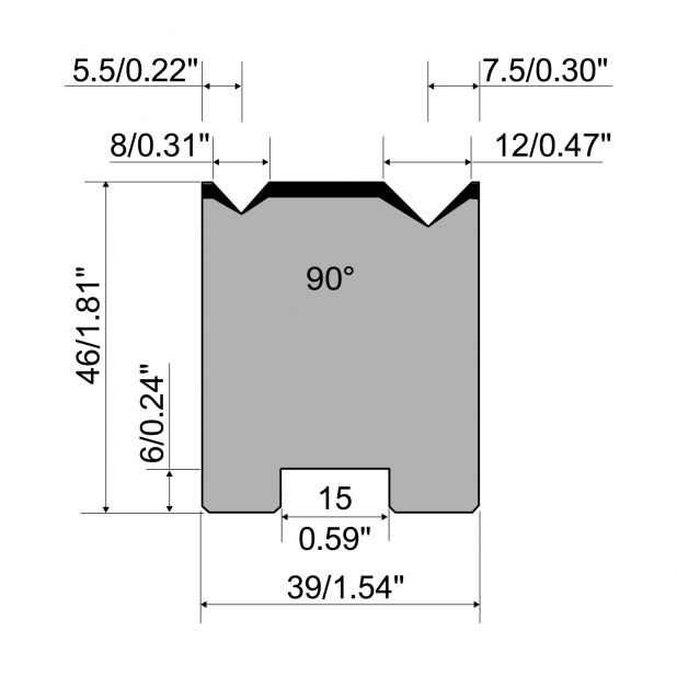 Self centering 2-V die R1 European type with height=46mm, α=90°, Radius=0.5/0.8mm, Material=C45, Max. load=8