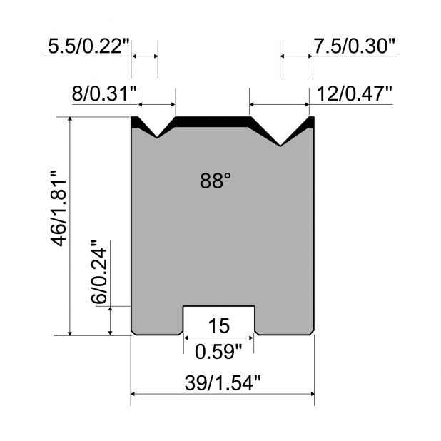 Self centering 2-V die R1 European type with height=46mm, α=88°, Radius=0.5/0.8mm, Material=C45, Max. load=8