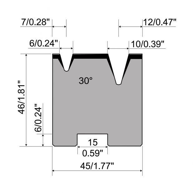 Self centering 2-V die R1 European type with height=46mm, α=30°, Radius=0.6/1mm, Material=C45, Max. load=400