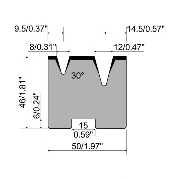 Self centering 2-V die R1 European type with height=46mm, α=30°, Radius=0.8/1.5mm, Material=C45, Max. load=4