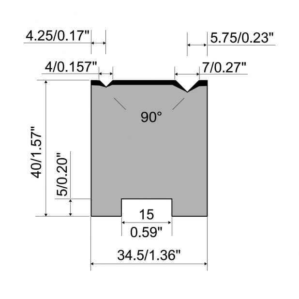 Self centering 2-V die R1 European type A Series with total height=40mm, α=90°, Radius=0,4mm, Material=C45,