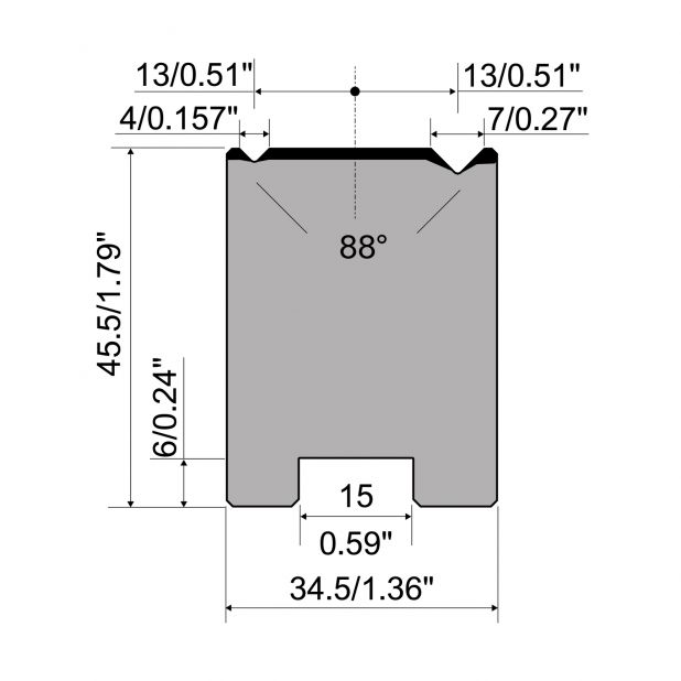 Self centering 2-V die R1 European type A Series with total height=45,5mm, α=88°, Radius=0,4mm, Material=C45