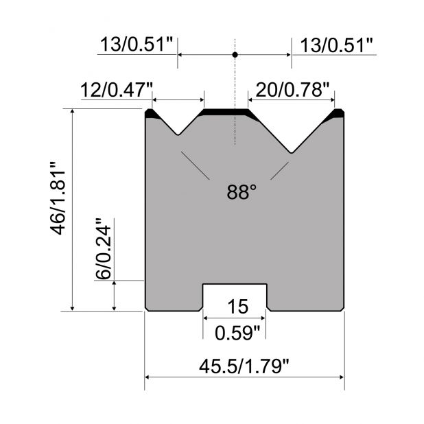 Self centering 2-V die R1 European type A Series with total height=46mm, α=88°, Radius=0,5mm, Material=C45,