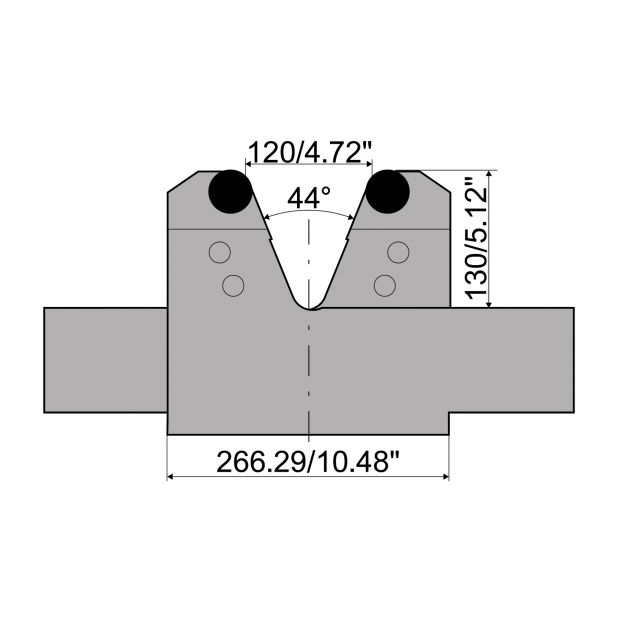 Adjustable die with V min. 120 mm and V max. 300 mm. Radius = 20 mm. Max. Load 4000 kN/m at 90°
