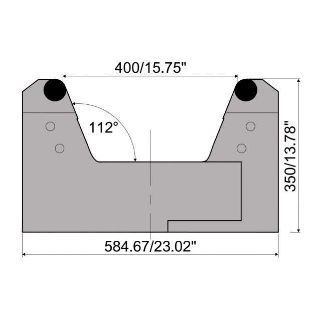 Adjustable die with V min. 150 mm and V max. 400 mm. Radius = 25 mm. max. Load 6000 kN/m at 90°