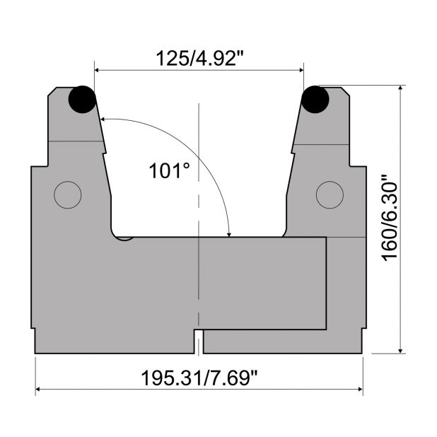 Adjustable die with V min. 25 mm and V max. 125 mm. Radius = 8 mm.  Max. Load 1250 kN/m at 90°