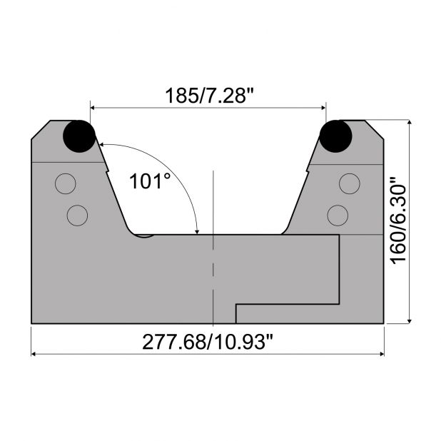 Adjustable die with V min. 65 mm eand V max. 185 mm. Radius = 12.5 mm. Max. Load 2000 kN/m a 90°