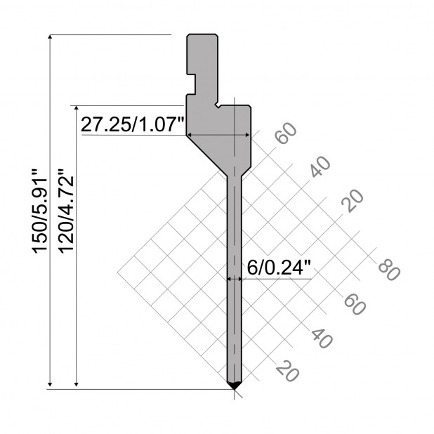 Punch R1 European type AFH Series with Working height=120mm, α=88°, Radius=0,25mm, Material=42Cr, Max. load=