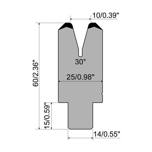 Die R1 CFH serie with working height=mm, α=30°, Radius=2mm, Material=42cr, Max. load=350kN/m.