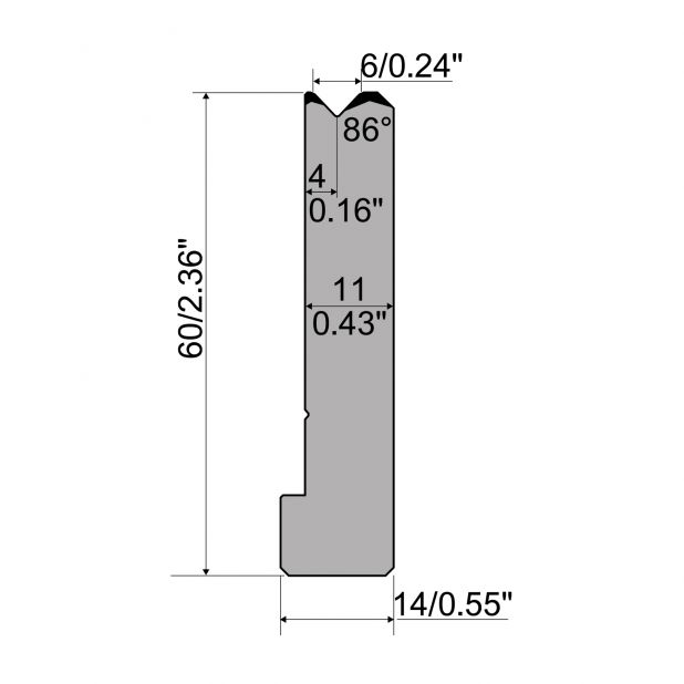 Die R1 CFH serie with working height=mm, α=86°, Radius=1,5mm, Material=42cr, Max. load=800kN/m.