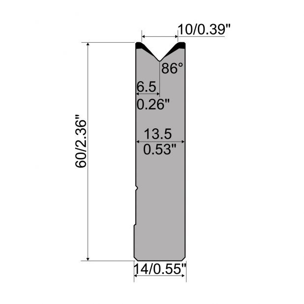 Die R1 CFH serie with working height=60mm, α=86°, Radius=2mm, Material=42cr, Max. load=1000kN/m.