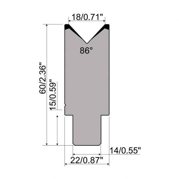 Die R1 CFH serie with working height=mm, α=86°, Radius=2,5mm, Material=42cr, Max. load=1000kN/m.