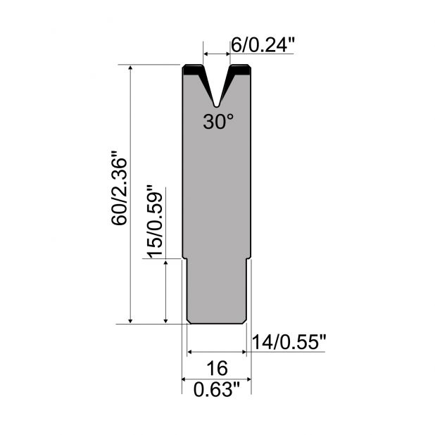 Self centering 1-V die R1 European type with height=60mm, α=30°, Radius=0,6mm, Material=C45, Max. load=1000k