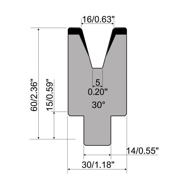 Self centering 1-V die R1 European type with height=60mm, α=30°, Radius=2mm, Material=C45, Max. load=1000kN/