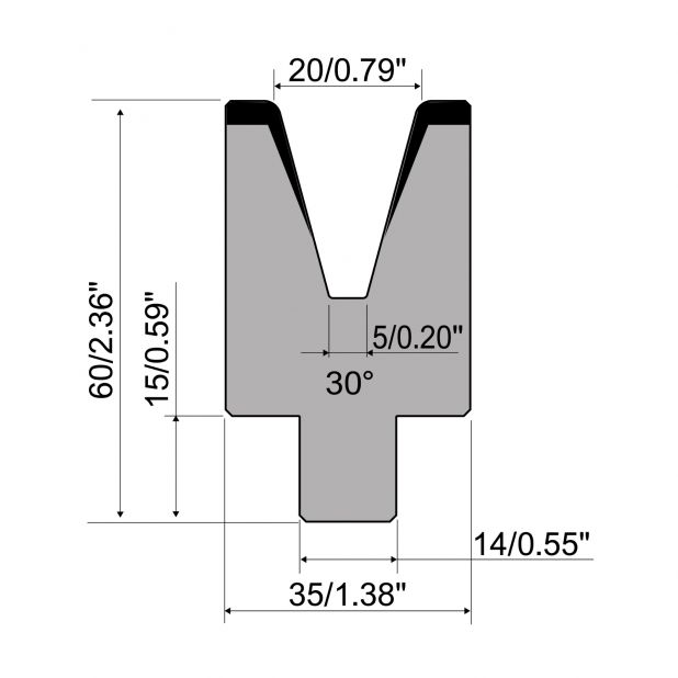 Self centering 1-V die R1 European type with height=60mm, α=30°, Radius=2,5mm, Material=C45, Max. load=1000k