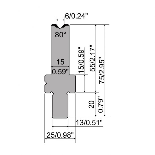 Die R2 type with Working height=55mm, α=80°, Radius=0,4mm, Material=42Cr, Max. load=1150kN/m.