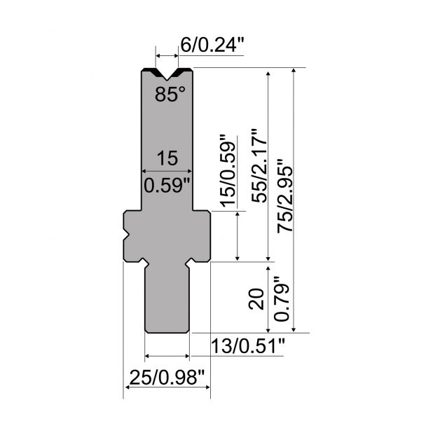 Die R2 type with Working height=55mm, α=85°, Radius=0,4mm, Material=42Cr, Max. load=1150kN/m.