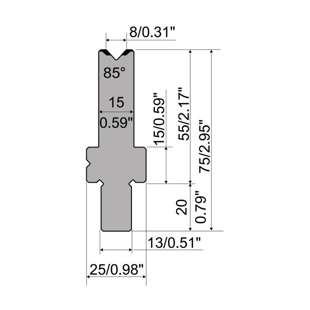 Die R2 type with Working height=55mm, α=85°, Radius=0,5mm, Material=42Cr, Max. load=1100kN/m.
